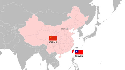 Map of China regions and Taiwan. Flags. Capitals. Vector. Isolated polygons