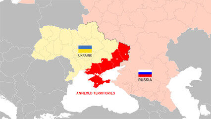 Map of Ukraine annexed territories by Russia. Flags. Vector. Isolated polygons