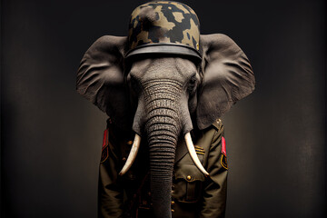 Fototapeta na wymiar Portrait of a elephant in a military uniform ready to serve and protect, on a dark background, generative ai