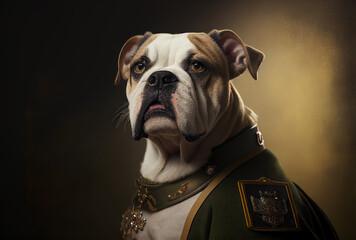 Portrait of a dog in a military uniform ready to serve and protect, on a dark background, generative ai