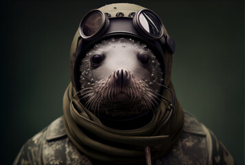 Portrait of a seal in a military uniform ready to serve and protect, on a dark background, generative ai