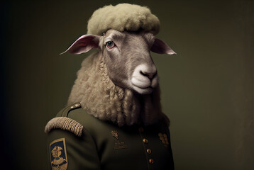 Portrait of a sheep in a military uniform ready to serve and protect, on a dark background, generative ai