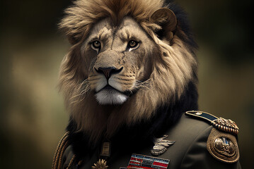 Portrait of a lion in a military uniform ready serve and protect, on a dark background, generative ai