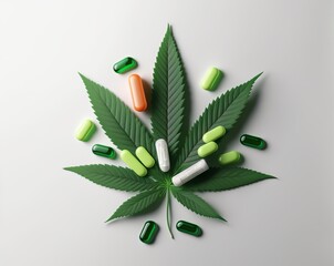 Marijuana Cannabis Leaf vector image, close up, displayed with pill capsules representing the pharmaceutical industry. Postproducted generative AI digital illustration.