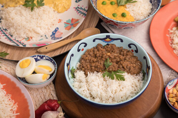 Lentils stew with white rice Peru traditional comfort food buffet table