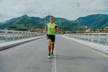 An athlete running a marathon and preparing for his competition. Photo of a marathon runner running...