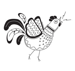 Cute rooster. Hand drawn bird in cartoon style. Line art doodle. Detailed ornamented illustration, with beautiful decorations for coloring book. Vector isolated.