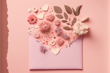 Valentine's Day Concept Background featuring Pink Flowers, an Envelope, and Hearts on a Pastel Pink Background. Perfect for Flat Lay and Top View Photography with Copy Space for Your Text