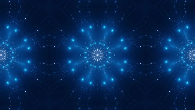Hypnotic kaleidoscope floral pattern. Dynamic blue energetic background. Loop. Flash lights.