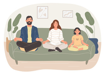Parents and children togheter in yoga pose and meditating. Happy family performing health support exercises . Flat vector illustration isolated on white background.	