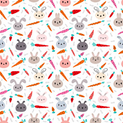 Obraz premium Cute seamless pattern with bunnies and carrots. Hand drawn background with rabbits. Nursery style