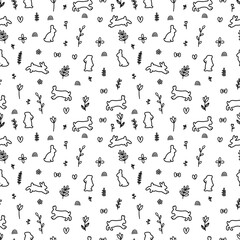 Hand drawn seamless pattern with rabbits silhouettes. Hare, cute bunny. Easter. Background with animals