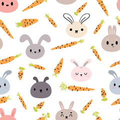 Obraz premium Seamless pattern with cute little bunnies and carrots. Hand drawn background with cartoon rabbits. Nursery style