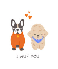 Two cute dogs in love sitting together with hearts floating. Valentine's day pets card design. Hand drawn vector illustration.
