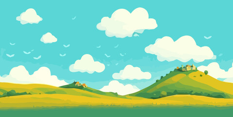 Naklejka na ściany i meble Spring Vector Illustration of a Hillside Field