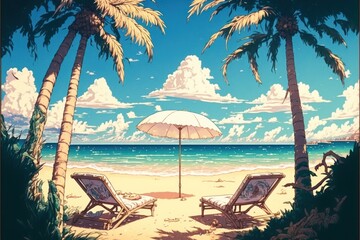 Tropical Anime Beach with sunchairs and umbrellas, Abstract Art, Digital Illustration, Generative AI