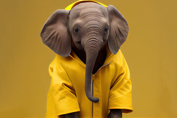 Elephant. Abstract, creative, illustrated, minimal portrait of a wild animal dressed up as a man in elegant clothes. Yellow background. Generative AI.