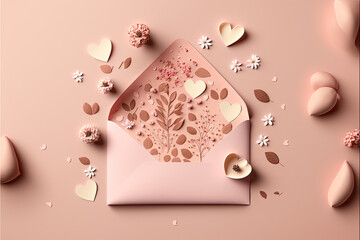 Valentine's Day Concept Background Featuring Pink Flowers, Envelope, and Hearts on a Pastel Pink Background. Perfect for Flat Lay and Top View Photography with Copy Space for Your Text.