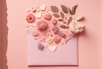 Valentine's Day Concept Background Featuring Pink Flowers, Envelope, and Hearts on a Pastel Pink Background. Perfect for Flat Lay and Top View Photography with Copy Space for Your Text.