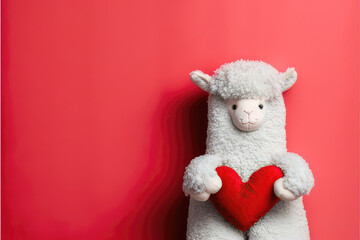 Valentine's Day Concept Background Featuring a Cute Little Stuffed Animal Lama on a Red Background. Perfect for Flat Lay and Top View Photography with Copy Space for Your Text