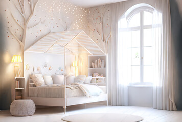 Lovely cute kids princess bedroom room with toys, cloud lamps, moon, wallpaper and bright windows, inspirational interior design, reworked and enhanced ai generated mattepainting illustration