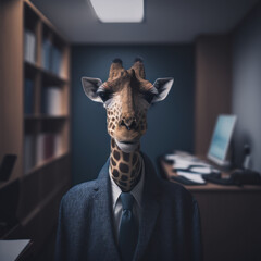 a giraffe in a business suit working at the office, Generative AI