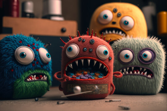 cute little angry embroidered monsters, Generative AI