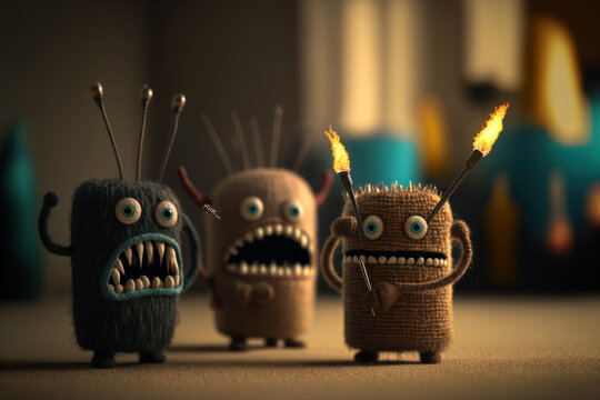 cute little angry embroidered monsters, Generative AI