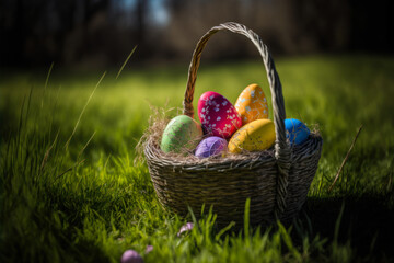 colorful easter nest with easter eggs in the grass, generative ai