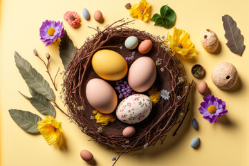 colorful easter nest with easter eggs, generative ai