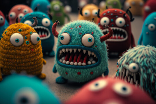 cute little angry embroidered monsters, Generative AI
