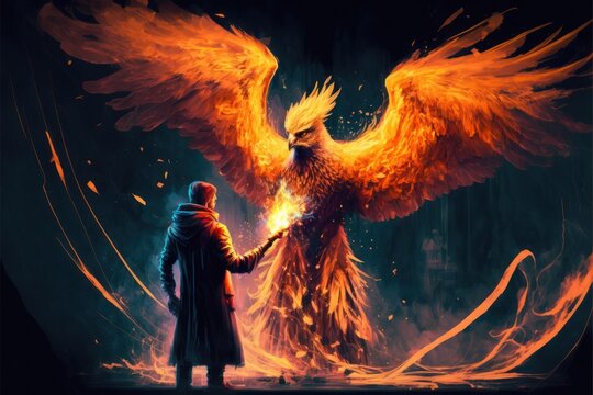 Mage Summoning A Fiery Pheonix, Fire Bird, Fantasy Background, Digital Illustration, Concept Art, Generative AI