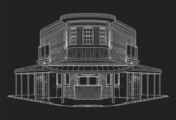 City store frontal view. Vector line art illustration on black background