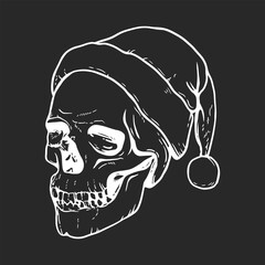 Hand drawn Santa Claus skull. Line art drawing on black background