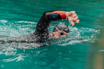 A triathlete in a professional swimming suit trains on the river while preparing for Olympic...