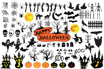 Halloween decorative elements of silhouettes a large vector set of drawings