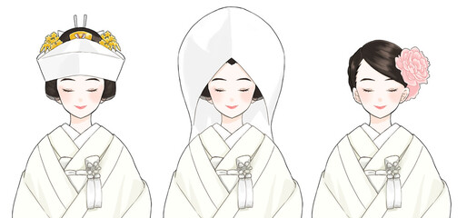 目を閉じた白無垢の花嫁　角隠し、綿帽子、洋髪