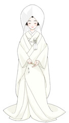 目を閉じて綿帽子をつけた白無垢の花嫁