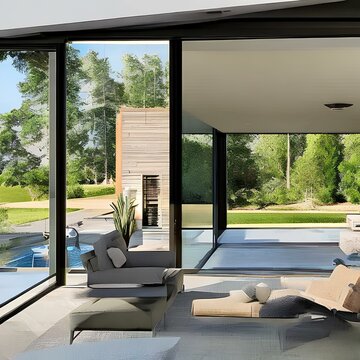 A Modern House With An Open Layout And A Large Sliding Glass Doors Leading To The Backyard2, Generative AI