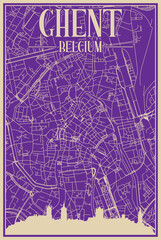 Purple hand-drawn framed poster of the downtown GHENT, BELGIUM with highlighted vintage city skyline and lettering