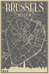 Grey hand-drawn framed poster of the downtown BRUSSELS, BELGIUM with highlighted vintage city skyline and lettering