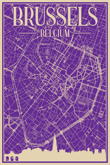 Purple hand-drawn framed poster of the downtown BRUSSELS, BELGIUM with highlighted vintage city skyline and lettering