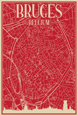 Red hand-drawn framed poster of the downtown BRUGES, BELGIUM with highlighted vintage city skyline and lettering