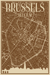 Brown hand-drawn framed poster of the downtown BRUSSELS, BELGIUM with highlighted vintage city skyline and lettering