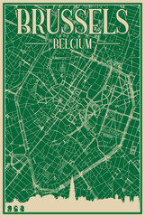 Green hand-drawn framed poster of the downtown BRUSSELS, BELGIUM with highlighted vintage city skyline and lettering