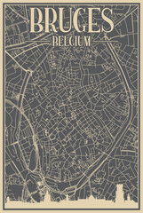 Grey hand-drawn framed poster of the downtown BRUGES, BELGIUM with highlighted vintage city skyline and lettering