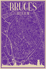 Purple hand-drawn framed poster of the downtown BRUGES, BELGIUM with highlighted vintage city skyline and lettering