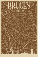 Brown hand-drawn framed poster of the downtown BRUGES, BELGIUM with highlighted vintage city skyline and lettering