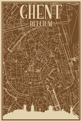 Brown hand-drawn framed poster of the downtown GHENT, BELGIUM with highlighted vintage city skyline and lettering