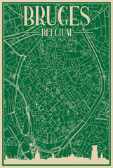Green hand-drawn framed poster of the downtown BRUGES, BELGIUM with highlighted vintage city skyline and lettering